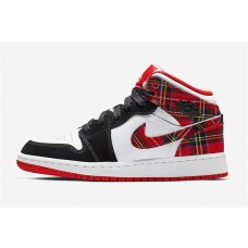 Women's Nike Air Jordan 1 Retro Mid "White Plaid" Basketball Shoes Habanero Red/Black-White 554725-607